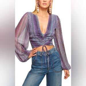 Ramy Brook NWT Georgia Metallic Plunge Neck Crop Blouse in Cabana Blue Combo XXS